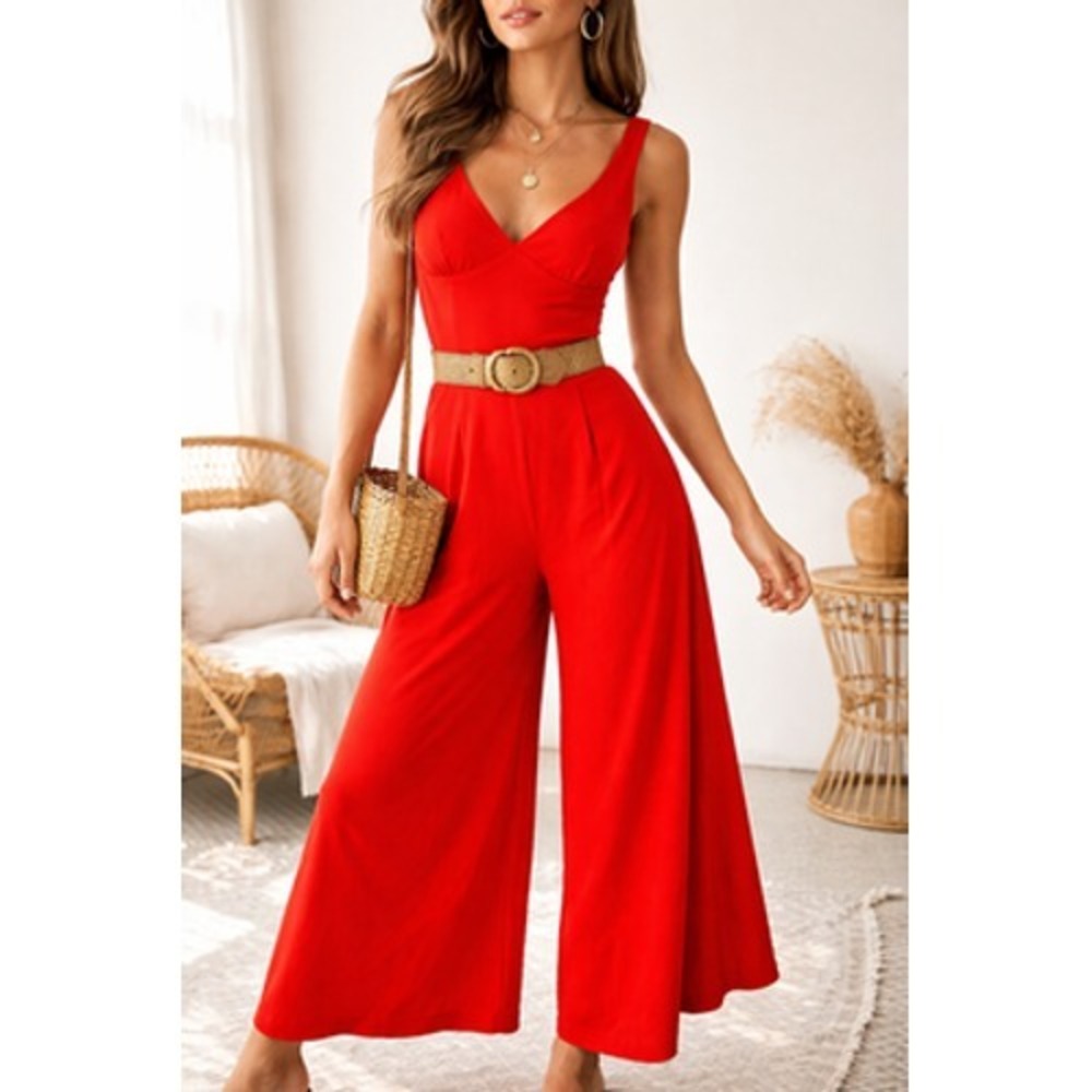 Vintage 70s Red Jumpsuit Wide Leg Culotte Empire Waist Boho Disco XS Petite USA